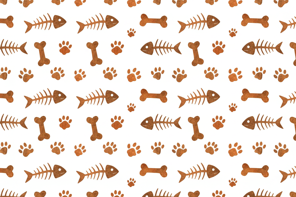 A SEAMLESS LOOP PATTERN MADE OF FISH BONES,DOG BONES AND PAW PRINTS IN BROWN AND ORANGE ONES ON A WHITE BACKGROUND